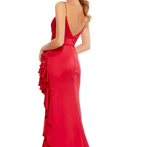 MAC DUGGAL 67815 SATIN RUFFLED THIGH SLIT ASYMMETRICAL RED GOWN sz 10 - Picture 4 of 5